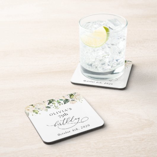 White Flowers, Cream Flowers, Boho, Birthday Bier Onderzetter (Rechterzijde)