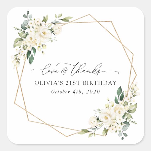 White Flowers, Cream Flowers, Boho, Birthday Vierkante Sticker (Voorkant)