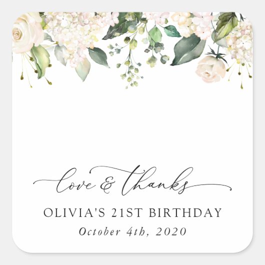 White Flowers, Cream Flowers, Boho, Birthday Vierkante Sticker (Voorkant)