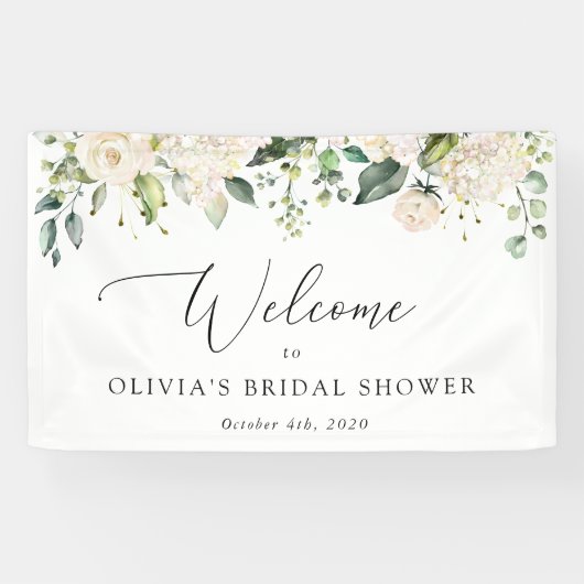 White Flowers, Cream Flowers, Boho, Bridal Welcome Spandoek (Horizontaal)