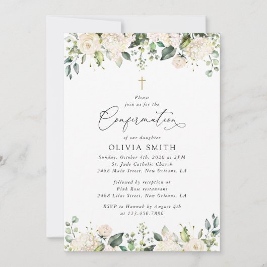 White Flowers, Cream Flowers, Boho, Confirmation Kaart (Voorkant)