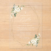 White Flowers, Cream Flowers, Boho, Floral Baptism Acryl Uitnodigingen (Voorkant)