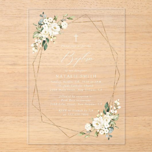 White Flowers, Cream Flowers, Boho, Floral Baptism Acryl Uitnodigingen (Voorkant)