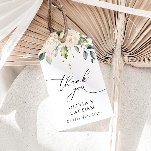 White Flowers, Cream Flowers, Boho, Floral Baptism Cadeaulabel