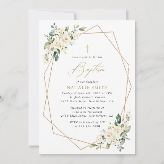 White Flowers, Cream Flowers, Boho, Floral Baptism Kaart (Voorkant)