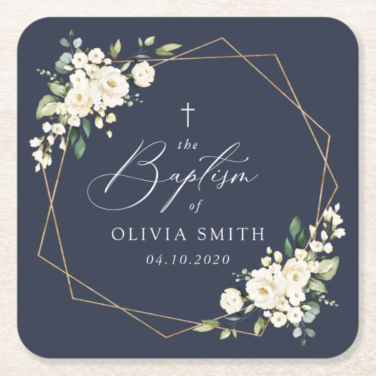 White Flowers, Cream Flowers, Boho, Floral Baptism Kartonnen Onderzetters (Voorkant)