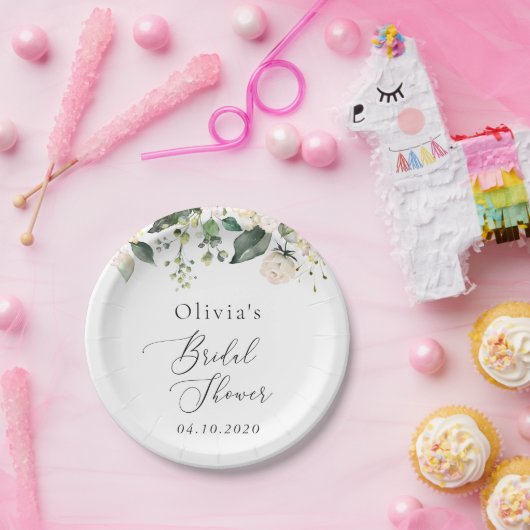 White Flowers, Cream Flowers, Boho, Vrijgezellenfe Papieren Bordje (Feest)