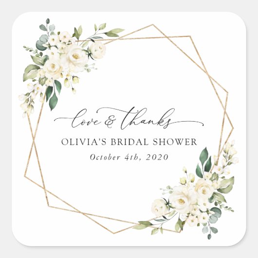 White Flowers, Cream Flowers, Boho, Vrijgezellenfe Vierkante Sticker (Voorkant)