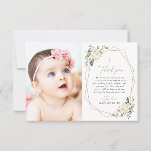 White Flowers, Cream Flowers, Greenery, Baptism Bedankkaart (Voorkant)
