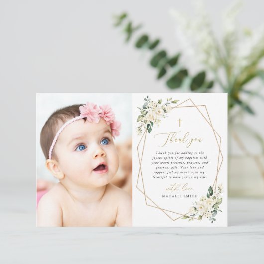 White Flowers, Cream Flowers, Greenery, Baptism Bedankkaart (Staand voorkant)