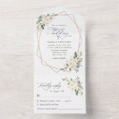 White Flowers, Cream Flowers, Greenery, Wedding All In One Uitnodiging (Binnen)