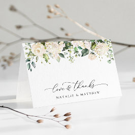 White Flowers, Cream Flowers, Greenery, Wedding Bedankkaart