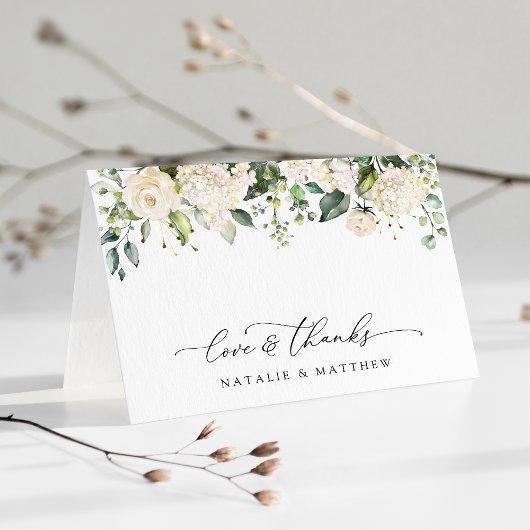 White Flowers, Cream Flowers, Greenery, Wedding Bedankkaart