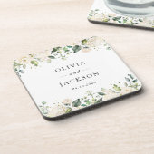 White Flowers, Cream Flowers, Greenery, Wedding Bier Onderzetter (Linkerzijde)