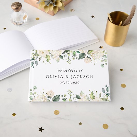 White Flowers, Cream Flowers, Greenery, Wedding Gastenboek (Voorkant open)