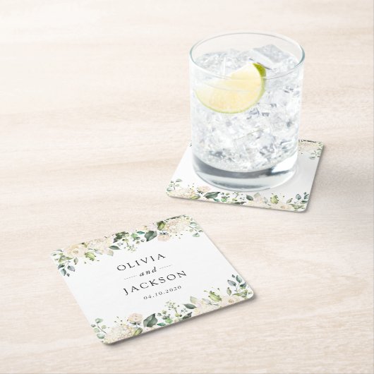 White Flowers, Cream Flowers, Greenery, Wedding Kartonnen Onderzetters (Insitu)