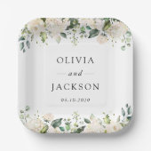 White Flowers, Cream Flowers, Greenery, Wedding Papieren Bordje (Voorkant)