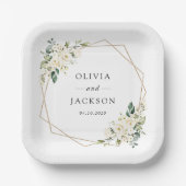 White Flowers, Cream Flowers, Greenery, Wedding Papieren Bordje (Voorkant)