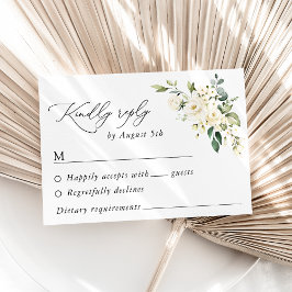White Flowers, Cream Flowers, Greenery, Wedding RSVP Kaartje