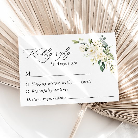 White Flowers, Cream Flowers, Greenery, Wedding RSVP Kaartje