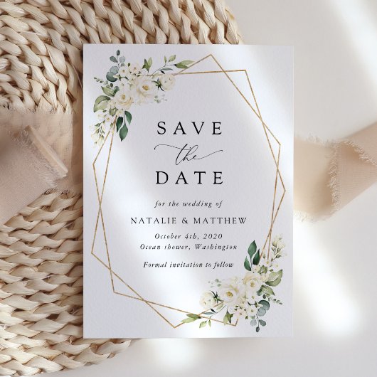 White Flowers, Cream Flowers, Greenery, Wedding Save The Date