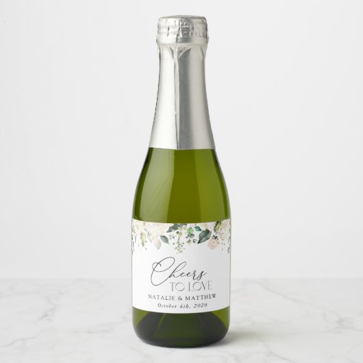 White Flowers, Cream Flowers, Greenery, Wedding Sparkling Wijnetiket (Voorkant)