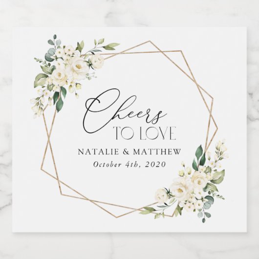 White Flowers, Cream Flowers, Greenery, Wedding Sparkling Wijnetiket (Enkel label)