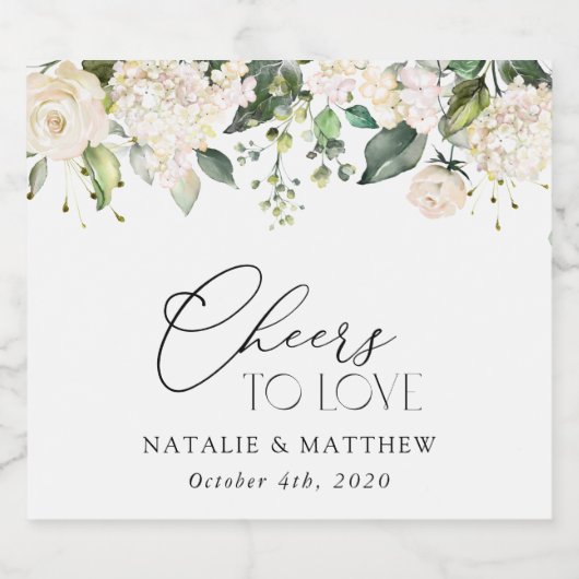 White Flowers, Cream Flowers, Greenery, Wedding Sparkling Wijnetiket (Enkel label)