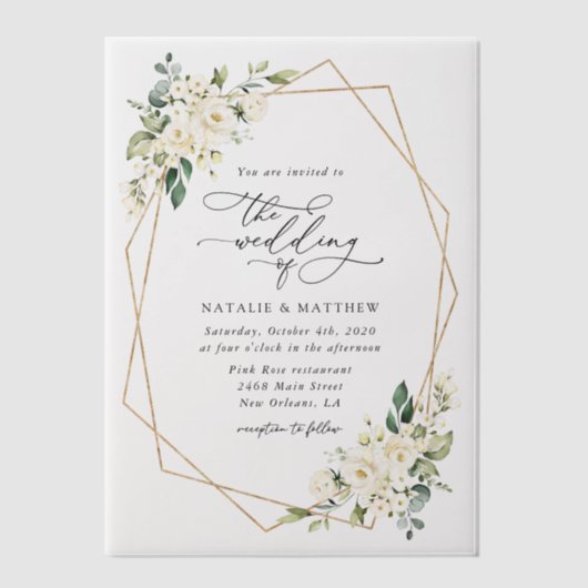 White Flowers, Cream Flowers, Greenery, Wedding Vellum Uitnodigingen (Voorkant)