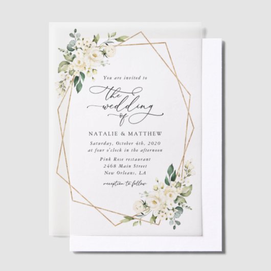White Flowers, Cream Flowers, Greenery, Wedding Vellum Uitnodigingen (Offset)