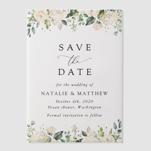 White Flowers, Cream Flowers, Greenery, Wedding Vellum Uitnodigingen (Voorkant)