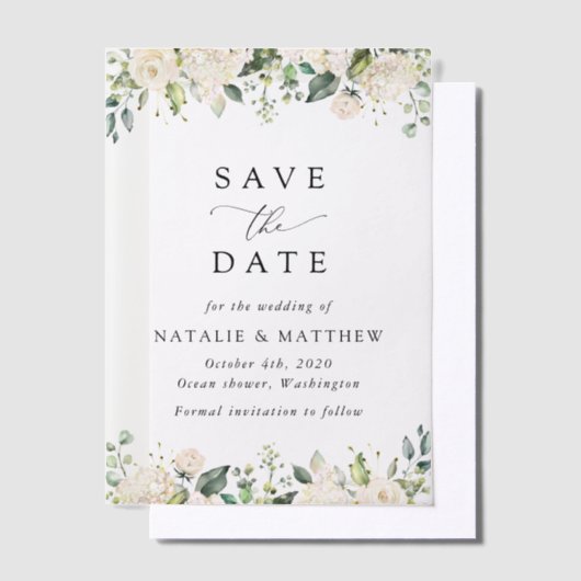White Flowers, Cream Flowers, Greenery, Wedding Vellum Uitnodigingen (Offset)