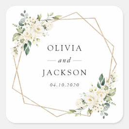 White Flowers, Cream Flowers, Greenery, Wedding Vierkante Sticker