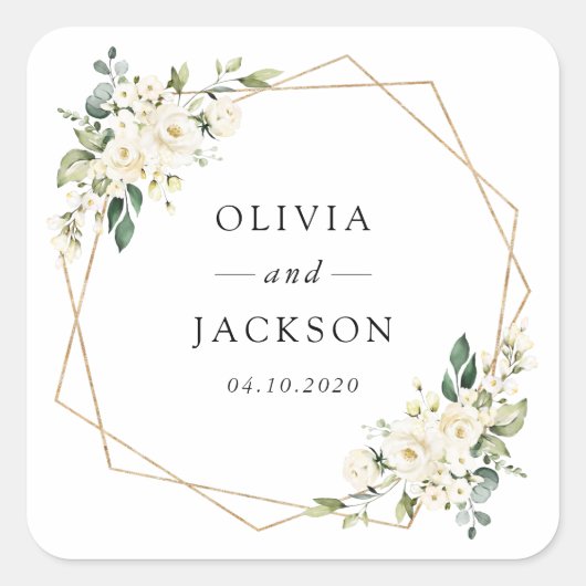 White Flowers, Cream Flowers, Greenery, Wedding Vierkante Sticker (Voorkant)