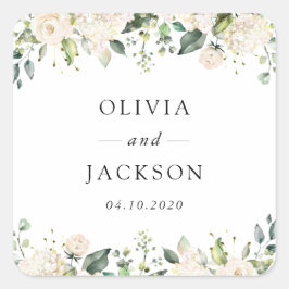 White Flowers, Cream Flowers, Greenery, Wedding Vierkante Sticker
