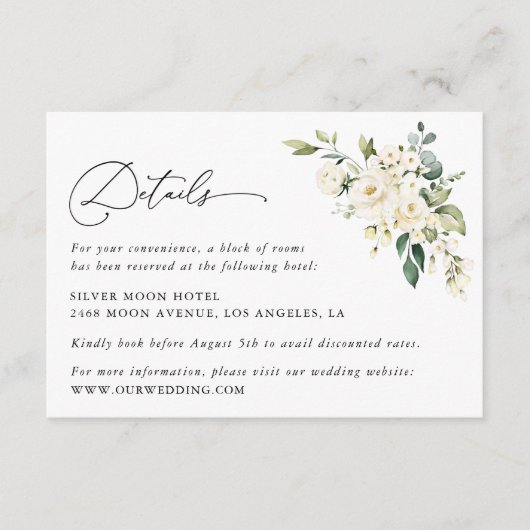 White Flowers, Cream Flowers, Weddenschap Details Informatiekaartje (Voorkant)
