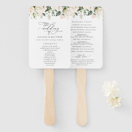 White Flowers, Cream Flowers, Wedding Program Handwaaier (Voorkant en achterkant)