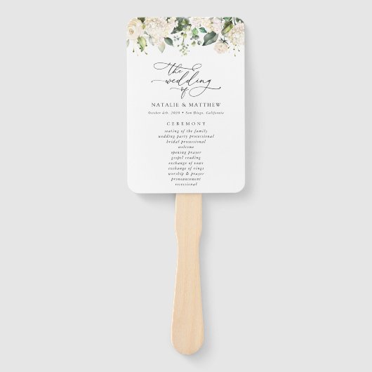White Flowers, Cream Flowers, Wedding Program Handwaaier (Voorkant)