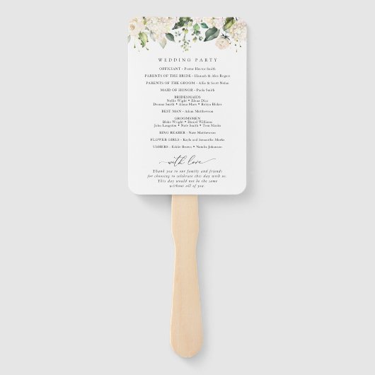 White Flowers, Cream Flowers, Wedding Program Handwaaier (Achterkant)