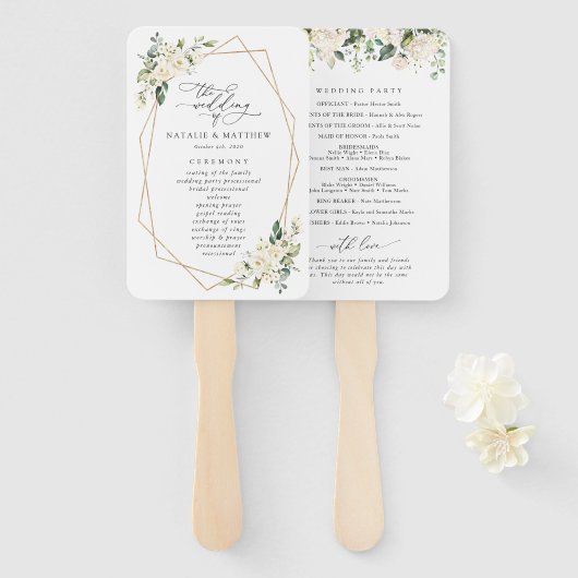 White Flowers, Cream Flowers, Wedding Program Handwaaier (Voorkant en achterkant)
