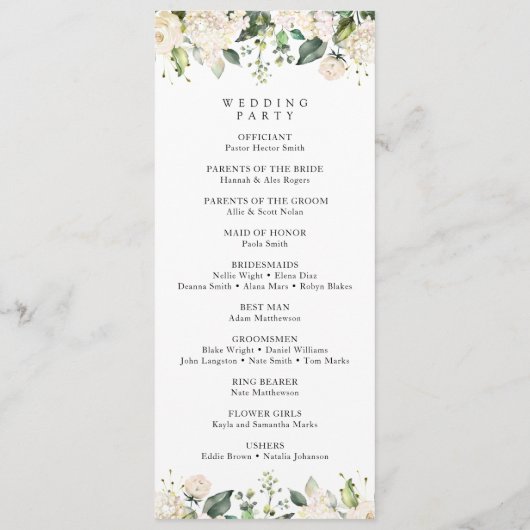 White Flowers, Cream Flowers, Wedding Program Programmakaart (Achterkant)