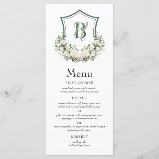 White Flowers Crest Trouwkaart Menu (Voorkant)