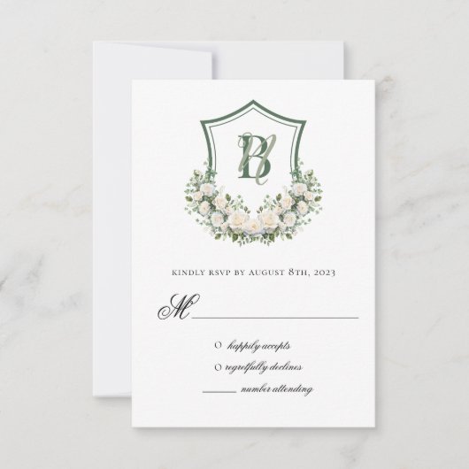 White Flowers Crest Trouwkaart RSVP Kaartje (Voorkant)