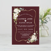 White Flowers Deep Burgundy All In One Wedding   Kaart (Staand voorkant)