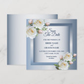 White Flowers Elegant Blue Gray Save The Date (Voorkant / Achterkant)