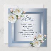 White Flowers Elegant Blue Gray Save The Date (Voorkant)