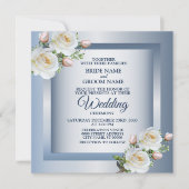 White Flowers Elegant Blue Gray Wedding Kaart (Voorkant)