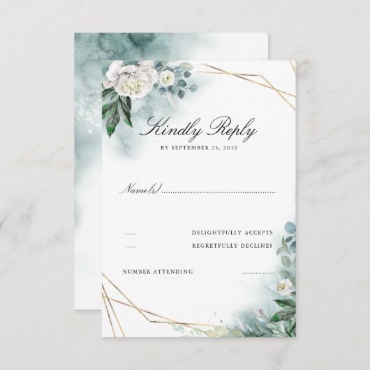 White Flowers Elegant Goud Lijst Bruiloft RSVP (Voorkant / Achterkant)