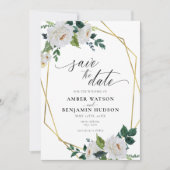 White Flowers Emerald Gold Floral Save the Date Kaart (Voorkant)