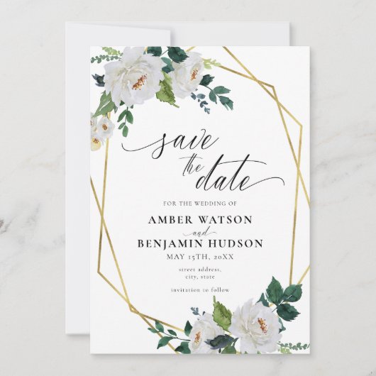 White Flowers Emerald Gold Floral Save the Date Kaart (Voorkant)